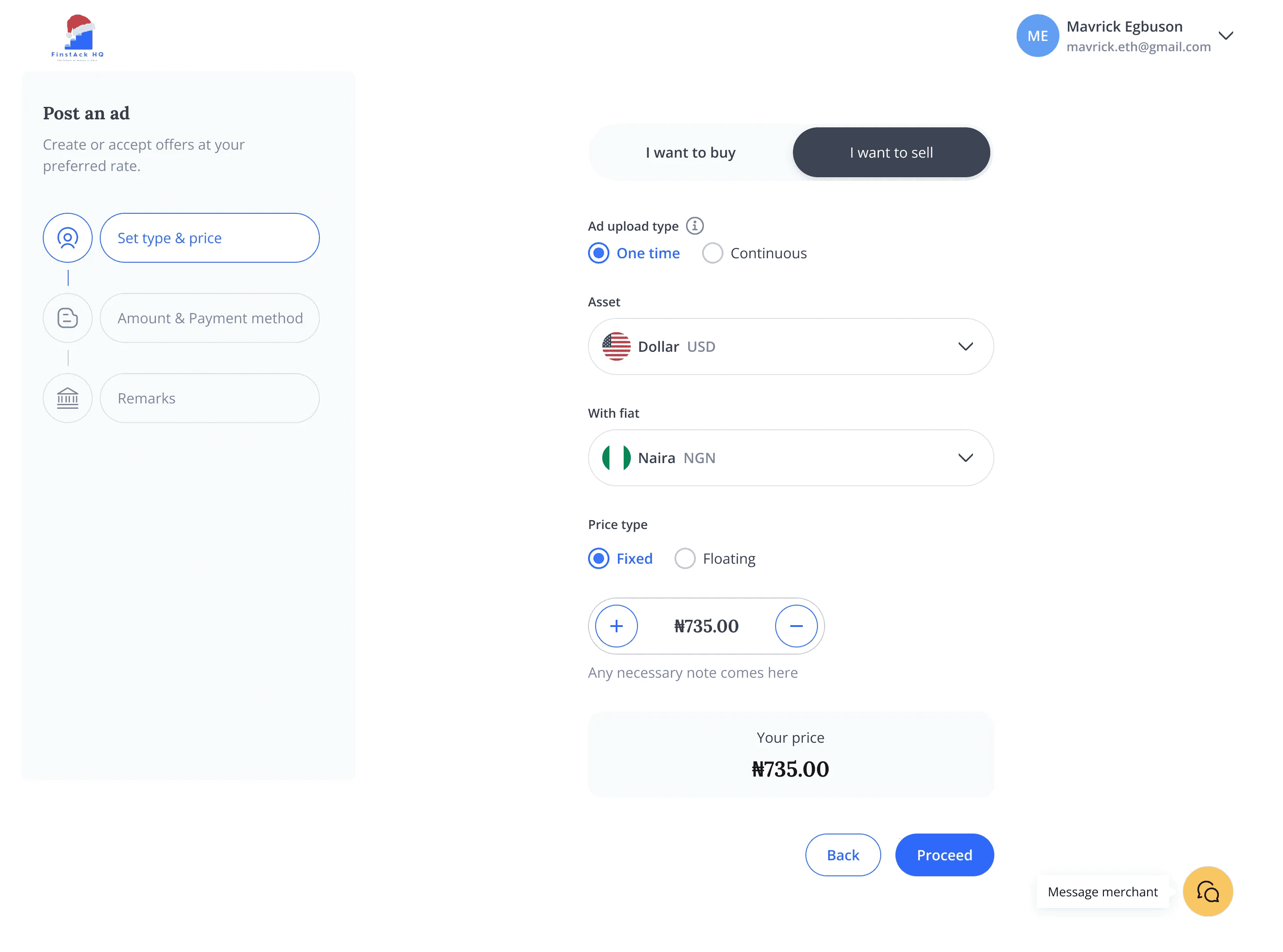 Post an ad — set type and price