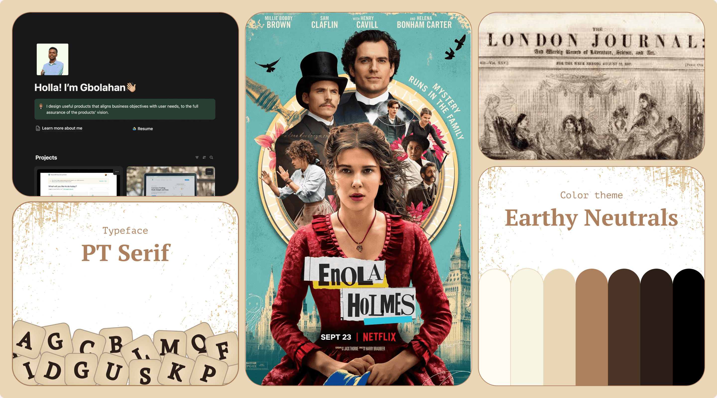 Portfolio moodboard — Enola Holmes, London Journal, PT Serif, earthy neutrals